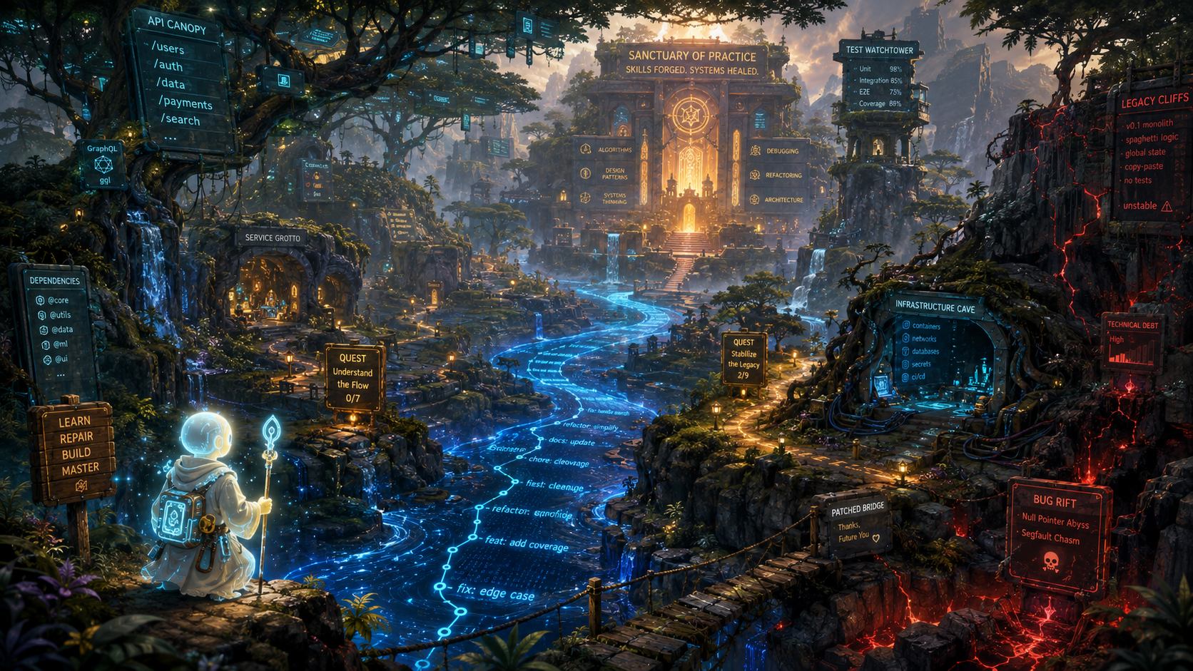 Living Code Jungle — apprentice at the edge, cyan Git-history river flowing through the valley, Sanctuary of Practice aglow at the center, legacy cliffs burning ember-red at the rim